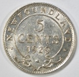 1929 NEWFOUNDLAND 5 CENTS AU/BU