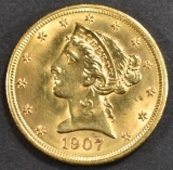 1907 $5 GOLD LIBERTY  GEM BU