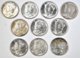 LOT OF 10 CH/GEM BU MIXED DATE MERCURY DIMES: