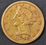 1848 $5.00 GOLD LIBERTY XF