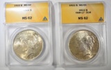 (2) 1922 PEACE DOLLARS  ANACS MS-62