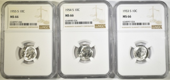 1953-S,54-S,55-S ROOSEVELT DIMES NGC MS-66