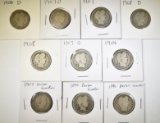 LOT OF 10 BARBER QUARTERS - GOOD