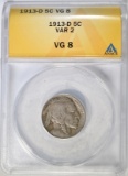 1913-D T-2 BUFFALO NICKEL ANACS VG-8