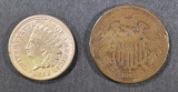 1863 XF/AU INDIAN CENT & 1865 2-CENT PIECE