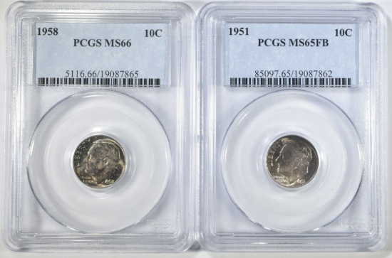 2 PCGS ROOSEVELT DIMES 1958 MS-66, 1951 MS-65FB