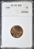 1920 LINCOLN CENT  ANACS MS-64 RED
