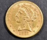 1881 $5 GOLD LIBERTY AU/BU