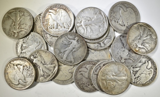 20-MIXED DATE CIRC WALKING LIBERTY HALF DOLLARS