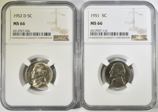 1951 & 1952-D JEFFERSON NICKELS, NGC MS-66