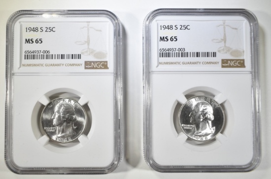 (2) 1948 S WASHINGTON QUARTERS NGC MS 65