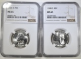 (2) 1948 S WASHINGTON QUARTERS NGC MS 65