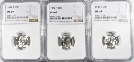 (3) 1952S ROOSEVELT DIMES NGC MS66