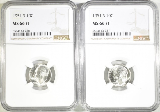 (2) 1951 S ROOSEVELT DIMES NGC MS66FT