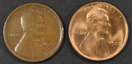 (2) 1922-D LINCOLN CENTS, 1 XF, 1 AU