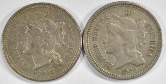 1865 AU, & 1866 XF 3 CENT NICKELS