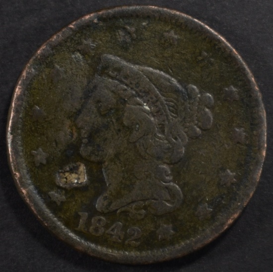 1842 LARGE CENT VF DAMAGED