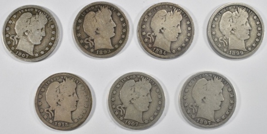 (7) MIXED DATE BARBER QUARTERS G/VG