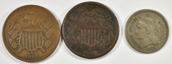 1864, 1865 2 CENT PIECES VF, & 1870 3C NICKEL VF