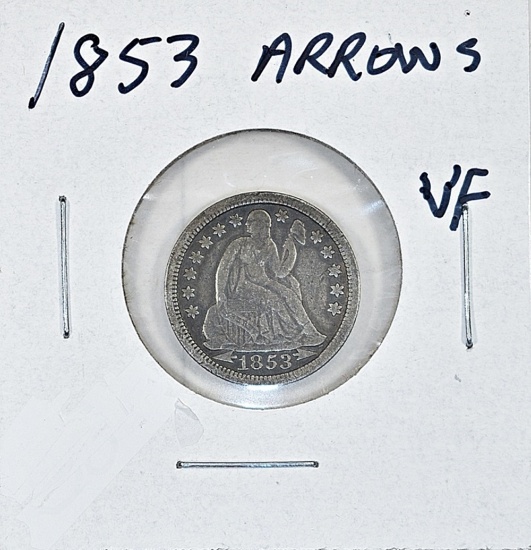 1853 ARROWS SEATED LIBERTY DIME VF