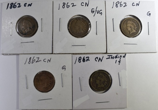 (5) 1862 INDIAN HEAD CENTS G/VG