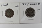 1868, 69 SHIELD NICKELs VG/F