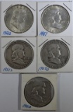 (5) MIXED DATE FRANKLIN HALF DOLLARS VG OR BETTER