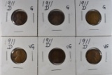 (6) 1911 D LINCOLN WHEAT CENTS G/VG