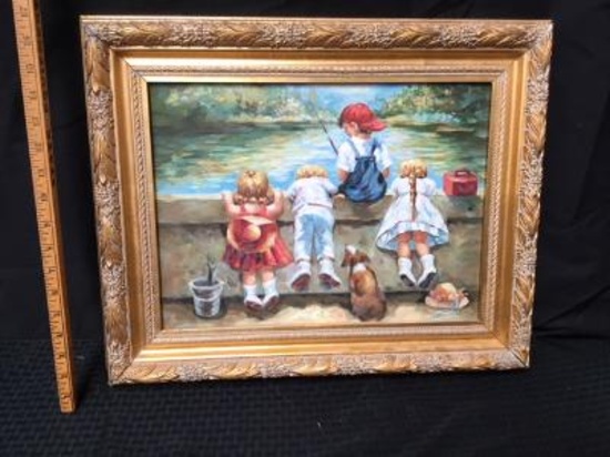 Oil on Board Children Fishing