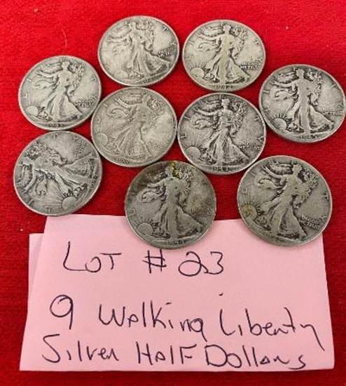 (9) Silver Walking Liberty Half Dollars