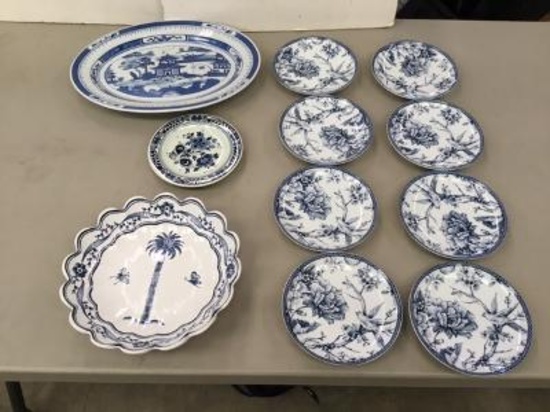 11 Pc Blue and White Plates, Etc