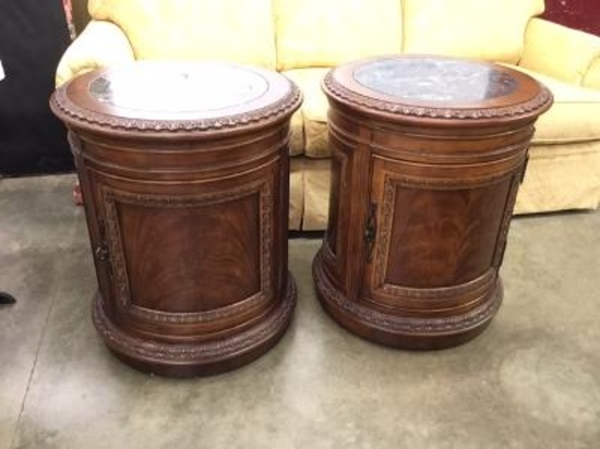 Pair Round Marble Top Tables