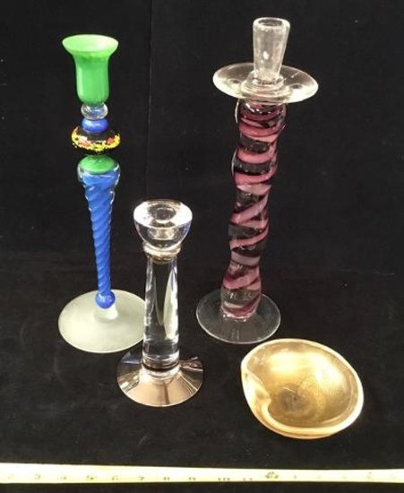 Art Glass Candleholders and Bowl