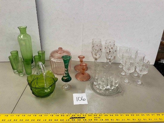 Pink, Green, Clear Glassware