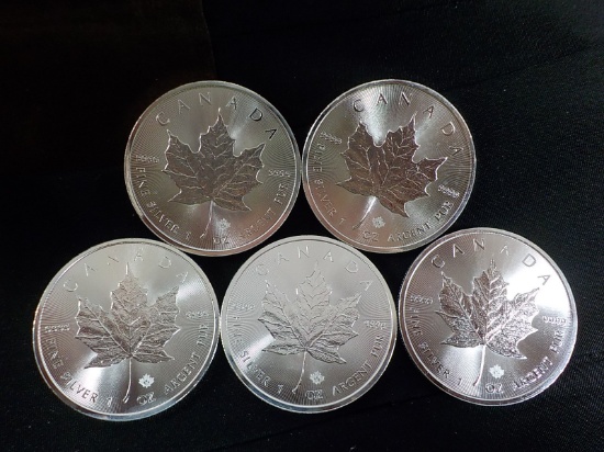 E8  UNC  (5) Canada Silver Maple Leaf 2015 - 1 oz. - .999 - 5 X $