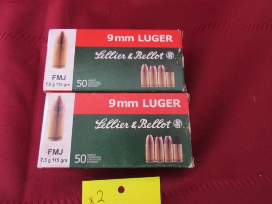 2 boxes of FMJ 9mm luger, 50rds each. 100rds total.