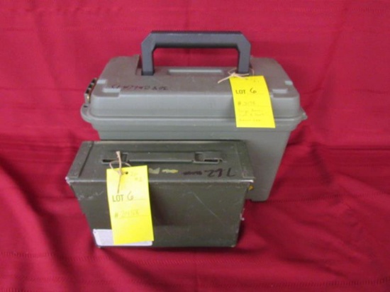 large plastic ammo can and small metal ammo can.