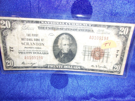 T1  F  Twenty Dollar Nat. Currency Note Scranton, PA 1929 Series #77