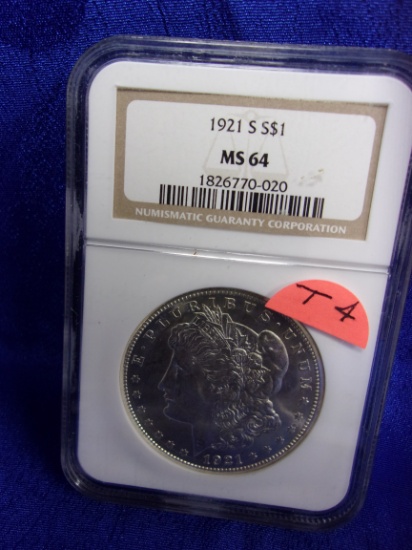 T4  MS-64  Silver Dollar 1921-S Morgan - NGC Slab