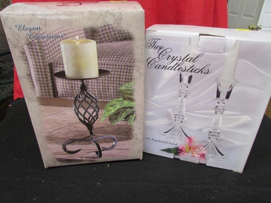 Set of Crystal Candlestick and black 9" pillar candle