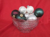glass Bowl with Christmas Ornaments.