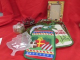 Assorted Christmas Items, Pot Holders, Tree Plate, Photo