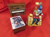 4 Music Boxes, 2 with children, 1 piano, 1 man playing fiddle