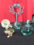 15 Plastic Frog Yard Stakes, 3 Glass Candle Holders w/ gold