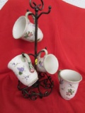 Mug Stand with 4 floral vintage garden Princess House mugs