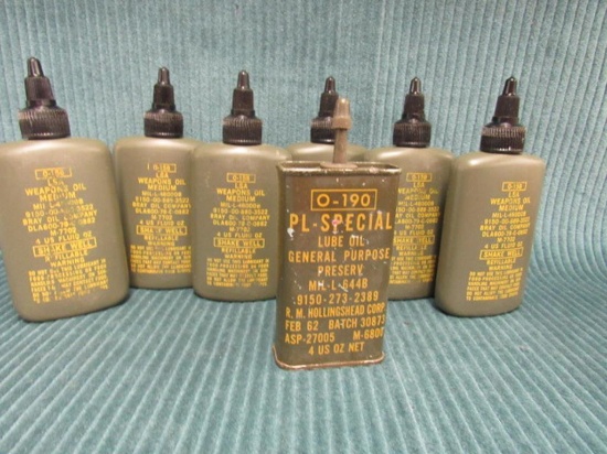 vintage bottle of military oils, 6 4 oz LSA weapons oil medium O-158