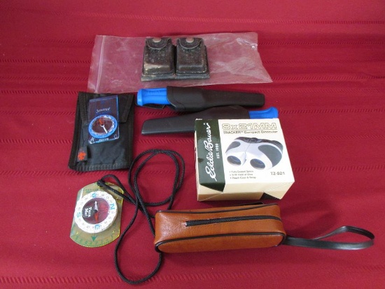 Lot of compasses, knives, Binoculars, and more
