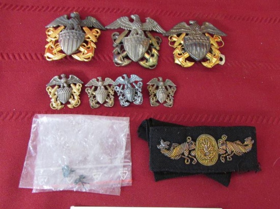 Vintage navy officer hat badge & lapel pins. 1/20 10k GF sterling WWII