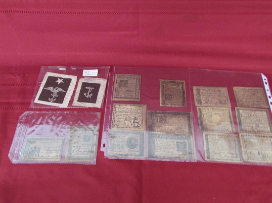 Original Civil War Navy Badges and 14 reproduction banknotes