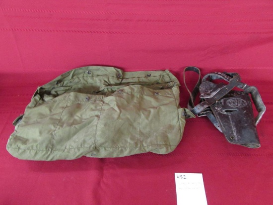 Vintage military bag and us marked leather holster.